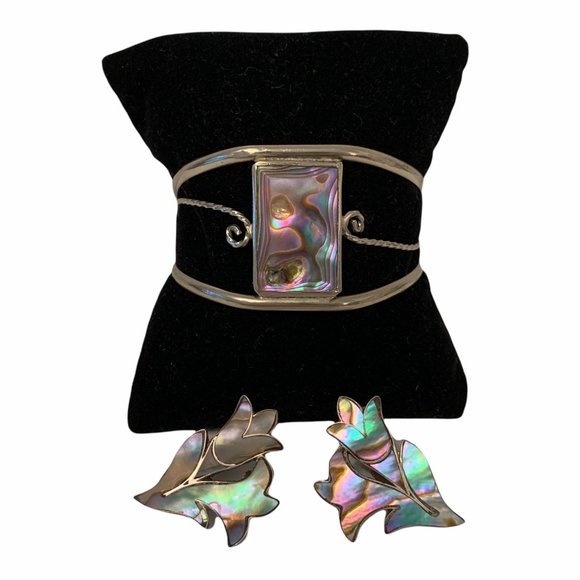 Vintage Sterling/Alpaca/Abalone Earrings & Cuff Screwback Mexico Jewelry